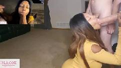 Peituda ebony islacox cuspida e surpreendida por dois enormes galos